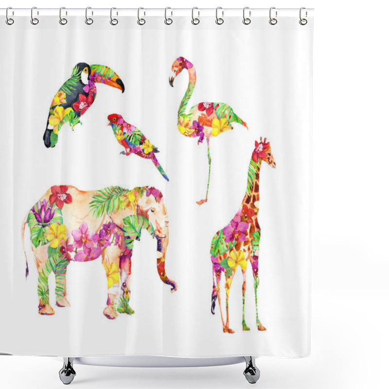 Personality  Tropical Birds, Animals Set In Exotic Flowers Orchid, Hibiscus And Leaves. Watercolor Floral Tropic Collection - Toucan, Parrot, Flamingo, Giraffe, Elephant Shower Curtains