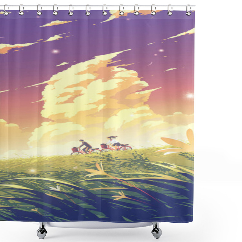 Personality  Vector Illustration In An Anime Style For A Smartphone Wallpaper Of High School Students Cycling Bicycles Down The Hill Under The Bright Blue Sky Shower Curtains