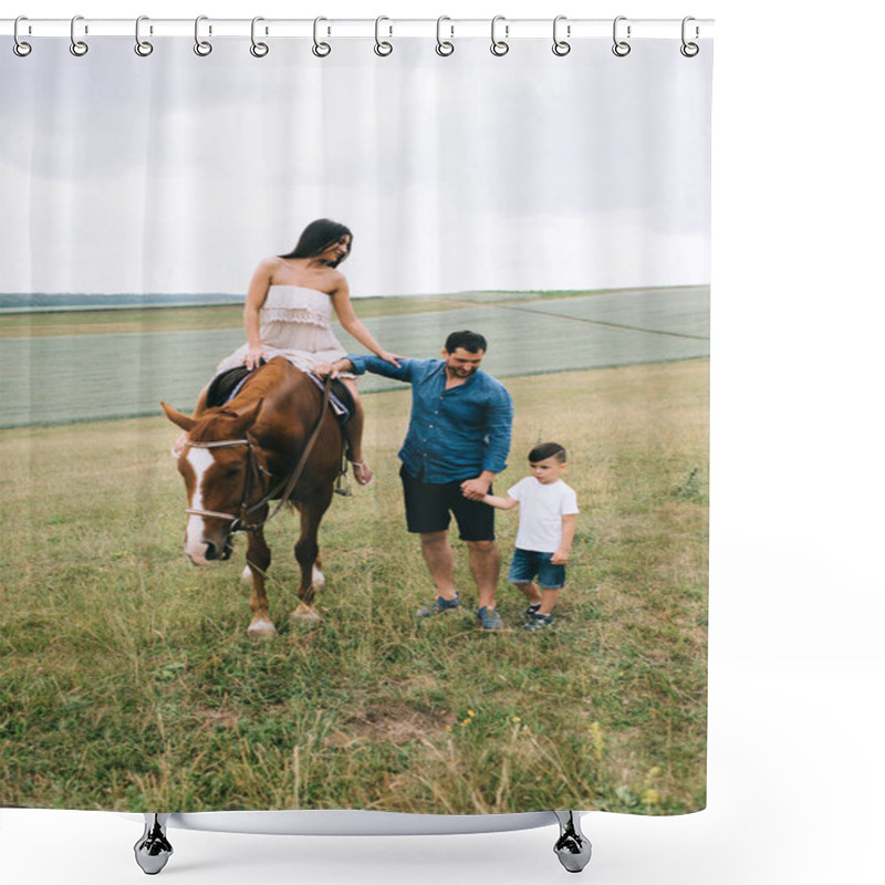 Personality  Mother Riding Brown Horse, Father And Son Standing On Field Shower Curtains