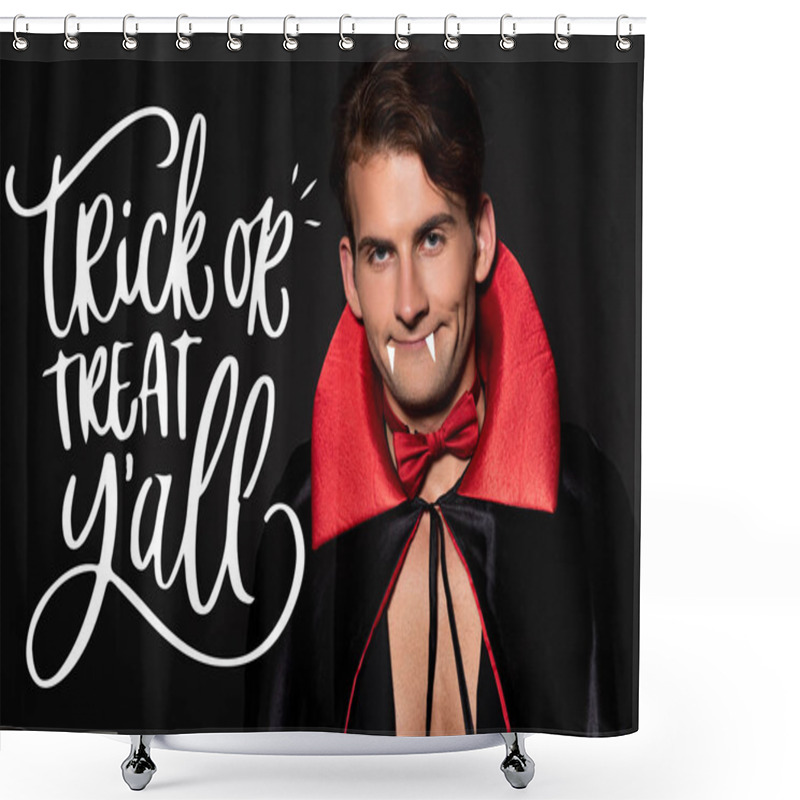 Personality  Happy Man With Vampire Costume Isolated On Black With Trick Or Treat Illustration  Shower Curtains