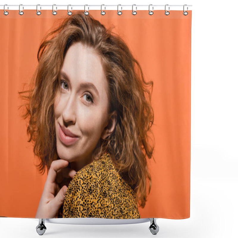 Personality  Portrait Of Smiling And Red Haired Woman With Natural Makeup Posing In Yellow Blouse And Looking At Camera Isolated On Orange, Stylish Casual Outfit And Summer Vibes Concept, Youth Culture Shower Curtains