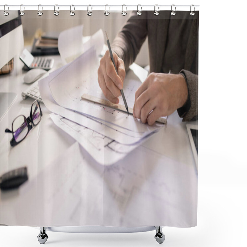 Personality  Hands Of Architect With Pencil And Ruler Drawing Line While Working Over Sketch Of New Building Project By Workplace Shower Curtains