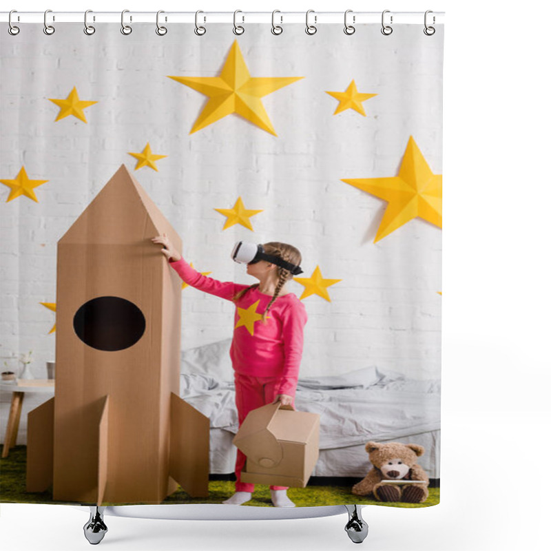 Personality  Child In Vr Headset Touching Big Cardboard Rocket In Bedroom Shower Curtains