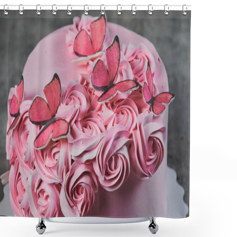 Personality  Overhead View Of A Freshly Baked Cake Decorated With Pink Icing Sugar Roses Displayed On A Cake Stand Over A Black Background With Copyspace. Shower Curtains