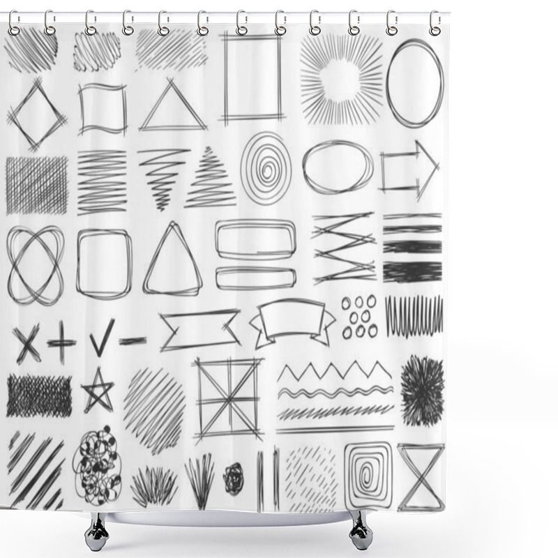 Personality  Sketch Shapes. Monochrome Scribble Symbols, Drawing Pencil Frame, Stroke And Shade, Hatched Shaded Badge Round And Square Shape Vector Set Shower Curtains