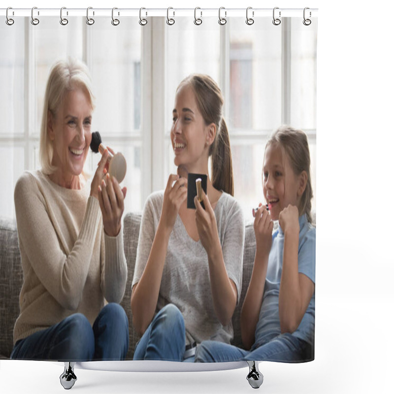 Personality  Funny Little Girl With Mother And Grandmother Applying Make Up Shower Curtains