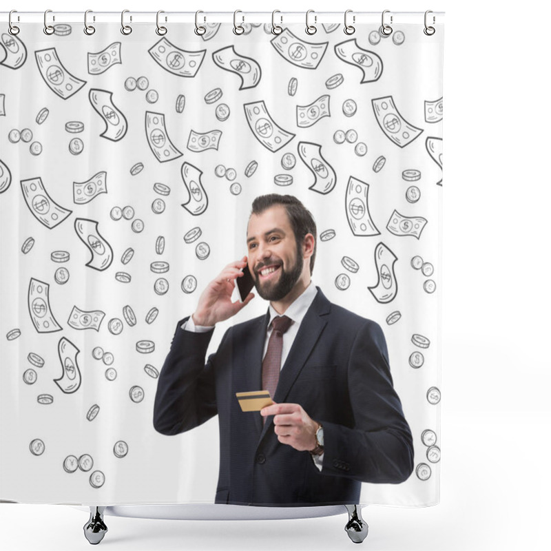 Personality  Businessman With Credit Card Talking On Smartphone, Dollar Banknotes And Coins Symbols Isolated On White Shower Curtains