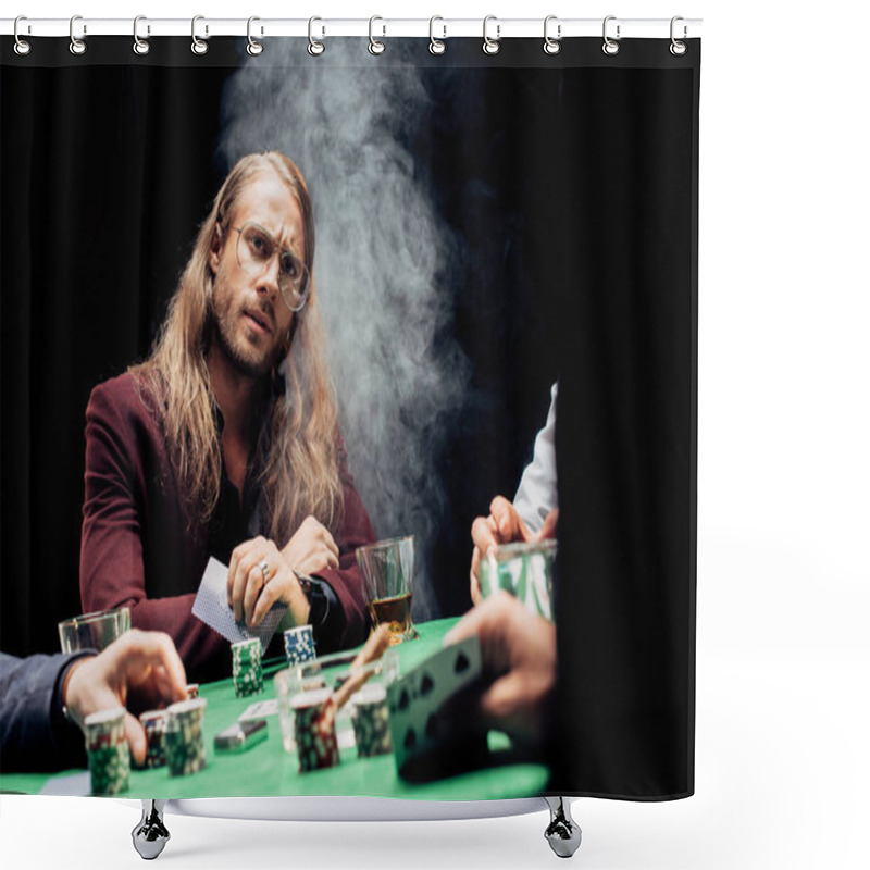 Personality  KYIV, UKRAINE - AUGUST 20, 2019: Cropped View Of Men Playing Poker Near Croupier On Black With Smoke  Shower Curtains