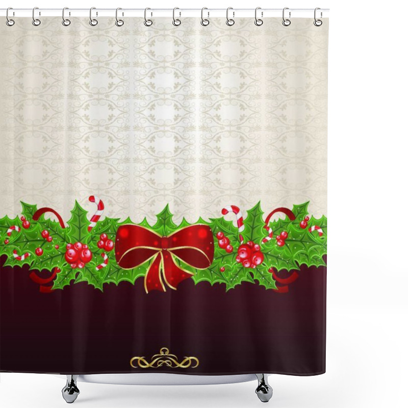 Personality  Illustration Beautiful Christmas Background With Mistletoe, Bow And Pine - Vector Shower Curtains