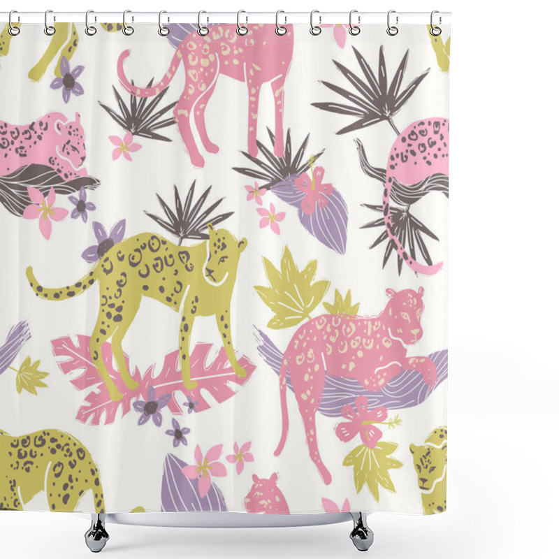 Personality  Seamless Pattern With Jaguars And Jungle Plants, Leaves And Flowers. Staying, Sleeping. Tropic Wild Animals And Plants In Folk Naive Style. Bright Colors Shower Curtains