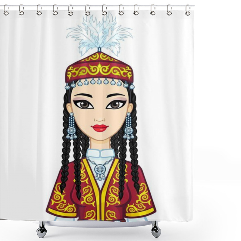 Personality  Asian Beauty. Animation Portrait Of A Beautiful Girl In Ancient National Cap And Jewelry. Central Asia. Vector Illustration Isolated On A White Background. Print, Poster, T-shirt, Card. Shower Curtains