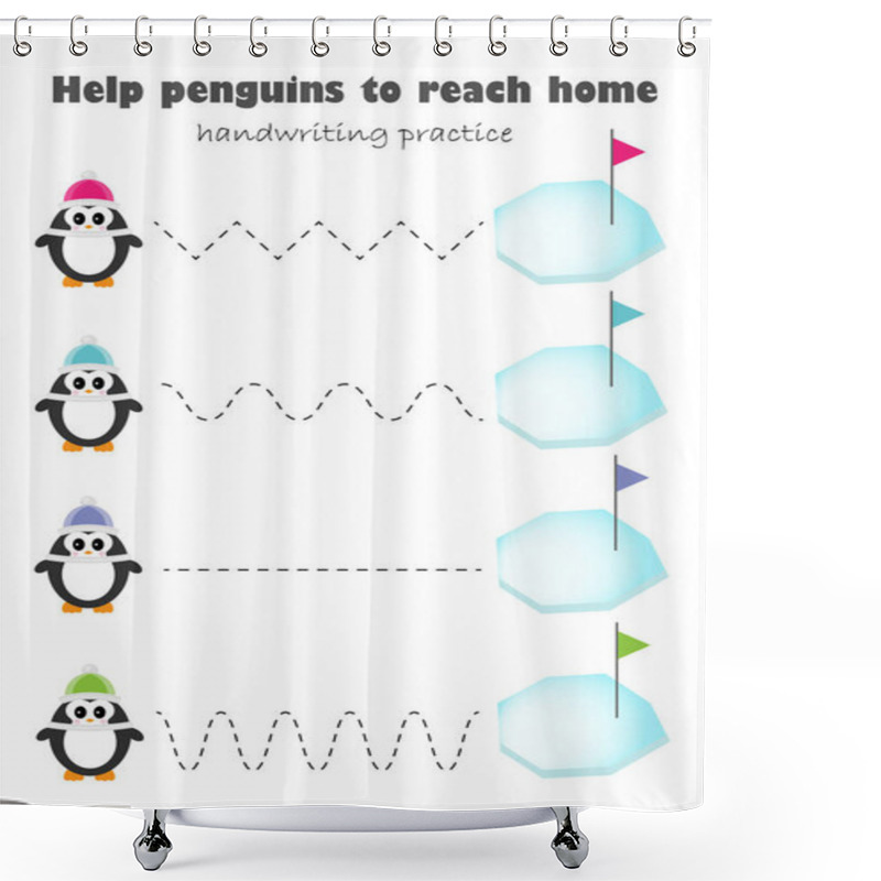 Personality  Penguin Cartoon Style, Handwriting Practice Sheet, Kids Preschool Activity, Educational Children Game, Printable Worksheet, Writing Training, Help To Reach Home, Vector Shower Curtains