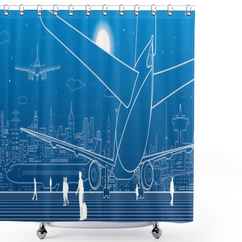 Personality  Airport Scene. The Plane Is On The Runway. Aviation Transportation Infrastructure. Airplane Fly, People Get On The Plane. Night City On Background, Vector Design Art Shower Curtains