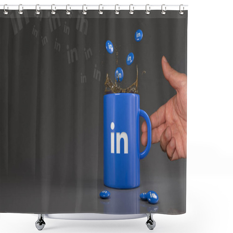 Personality  3D Rendering Of Some Linkedin Pills Falling Into A Blue Mug With The Logo Of This Professional Social Network Shower Curtains