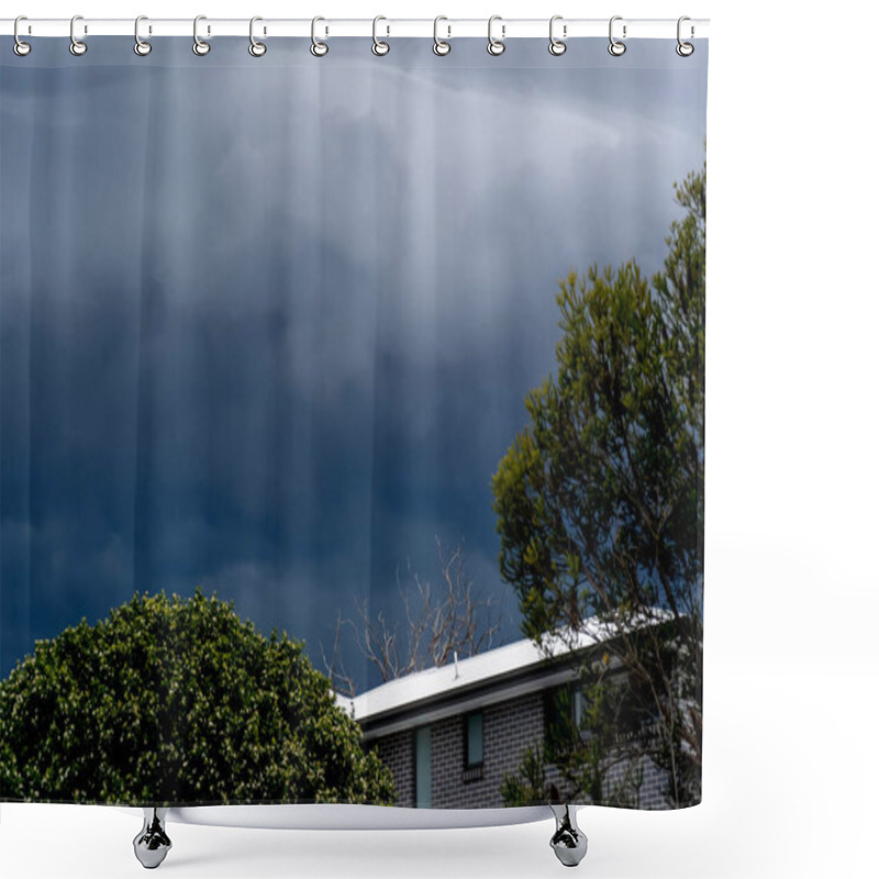 Personality  The Storm Is Coming. Storm Clouds Above Trees And Roofs. Heavy Torrential Rain. Rainfall Flash Flooding. Metorology Weather Forecast. Low Pressure Area. La Ninan Climate Shower Curtains