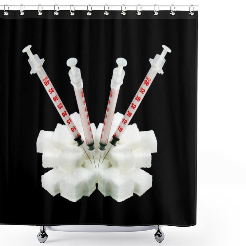 Personality  Insulin Syringes Stuck Into The Lump Sugar. Isolated On A Black Background Shower Curtains