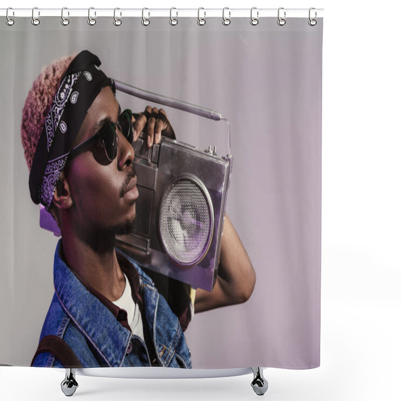 Personality  Stylish Young African American Man In Sunglasses Holding Tape Recorder On Shoulder And Looking Away Isolated On Grey Shower Curtains