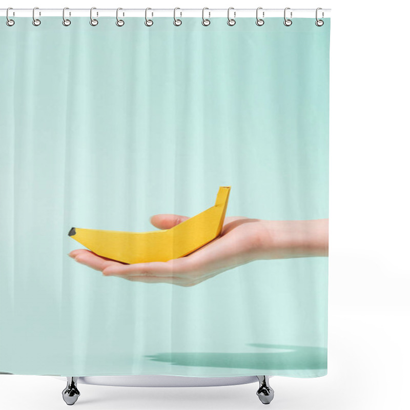 Personality  Cropped View Of Young Woman Holding Paper Banana On Turquoise With Copy Space Shower Curtains