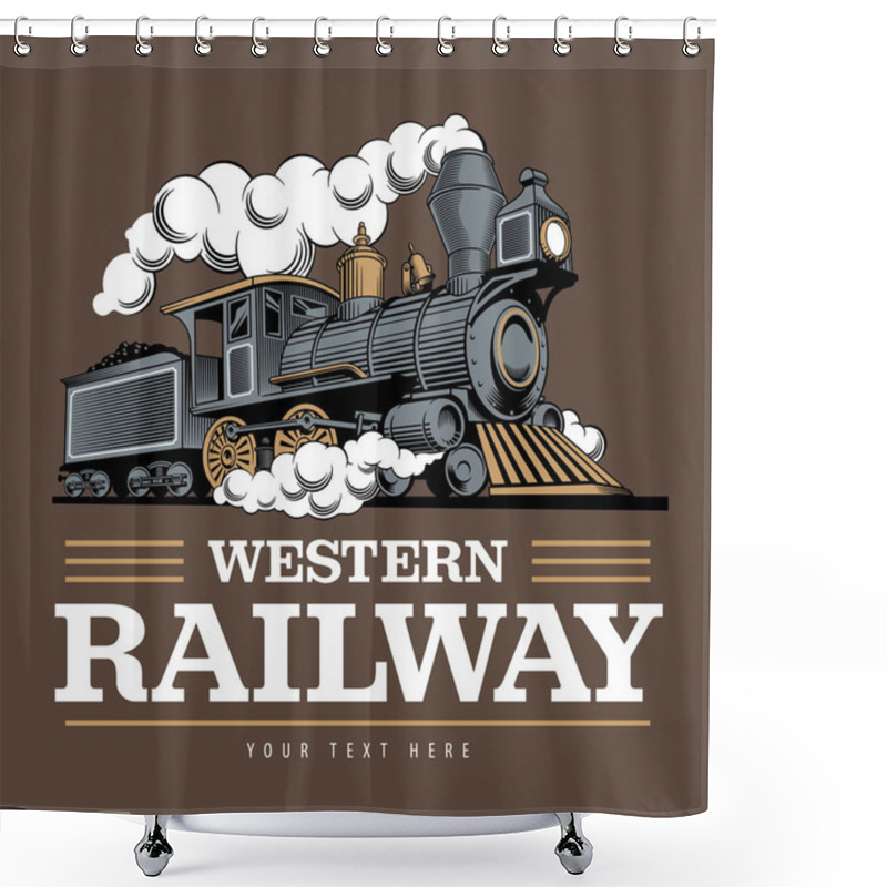 Personality  Vintage Steam Train Locomotive, Engraving Style Vector Illustration. On Brown Background. Logo Design Template. Shower Curtains