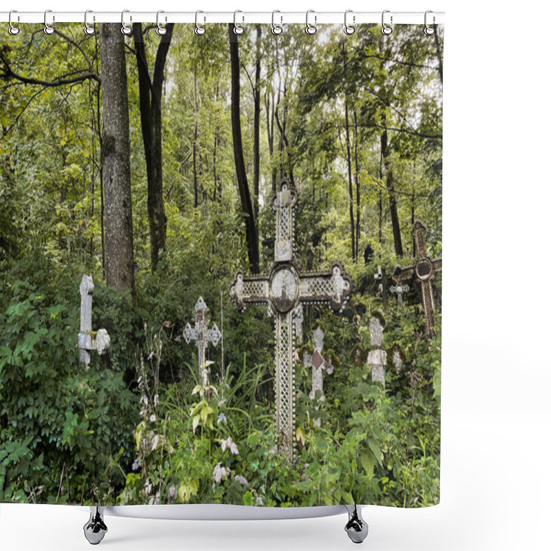 Personality  An Old Abandoned Cemetery. Among The Trees, Tall Grass And Metal And Stone Ancient Grave Crosses. Shower Curtains