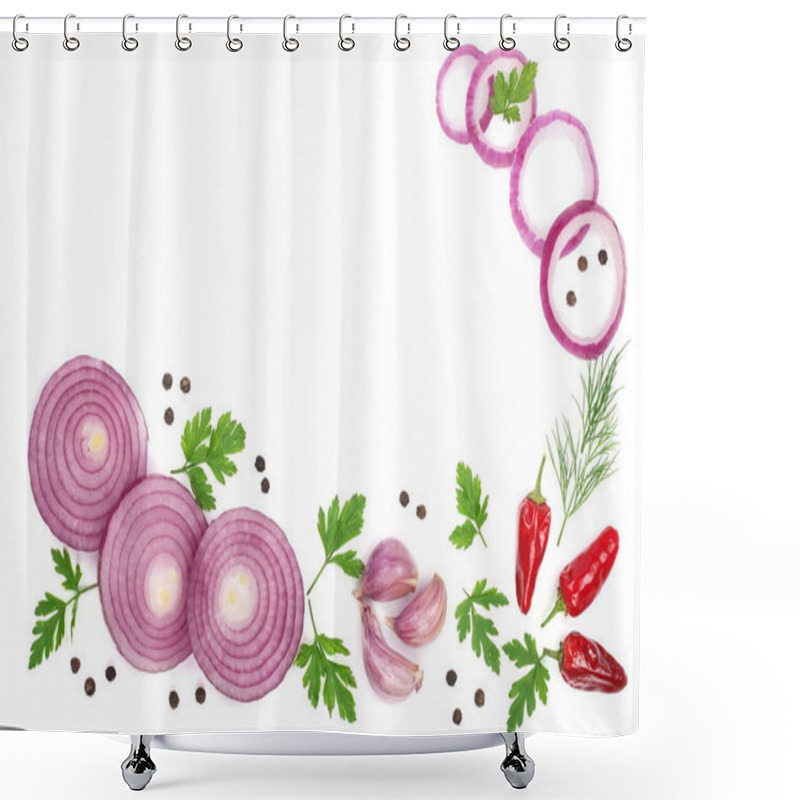 Personality  Onion, Garlic, Hot Pepper Parsley Isolated On White Background With Copy Space For Your Text. Top View. Flat Lay Shower Curtains