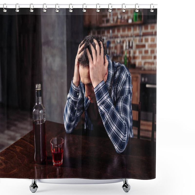 Personality  Drunk Man Sitting At Table With Bottle And Glass Of Alcohol At Home Shower Curtains