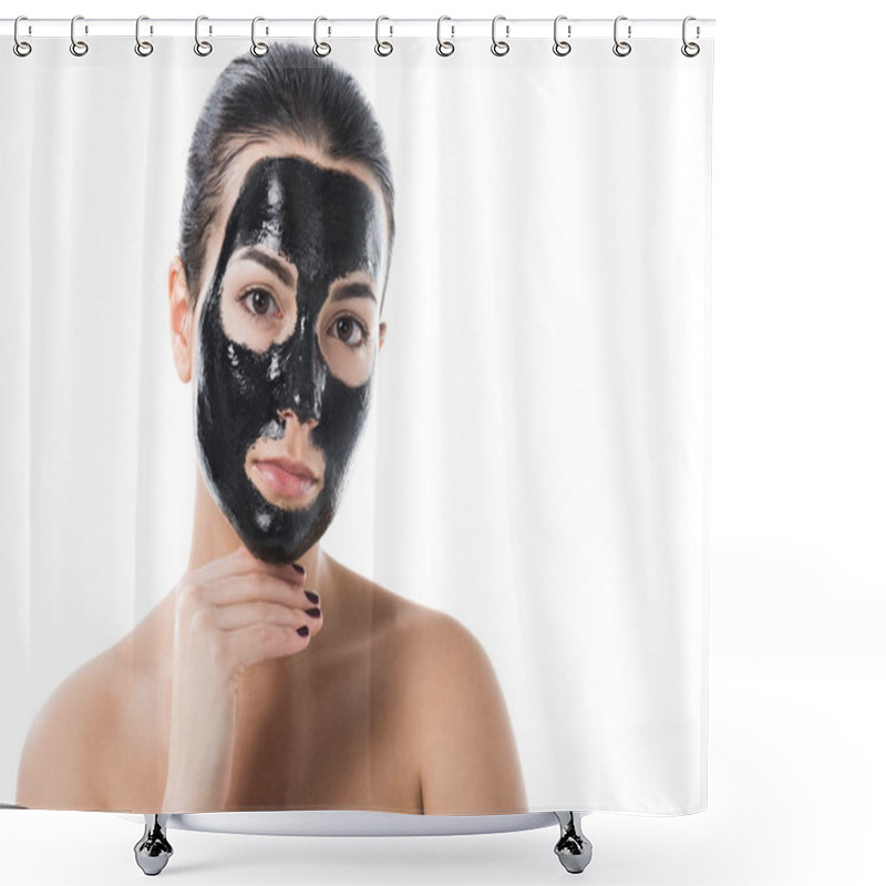 Personality  Attractive Girl In Cosmetic Black Clay Facial Mask Looking At Camera Isolated On White Shower Curtains