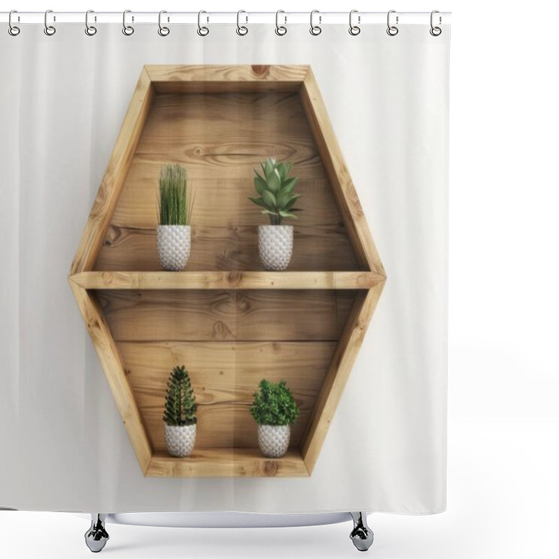 Personality  A Stylish Wooden Hexagon Shelf Displaying A Variety Of Potted Plants In Textured Ceramic Pots. Shower Curtains