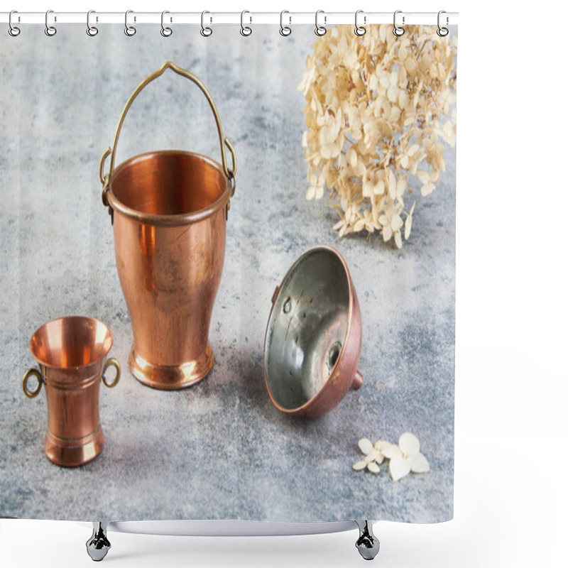 Personality  Set Of 3 Copper Miniatures On Concrete Background Shower Curtains