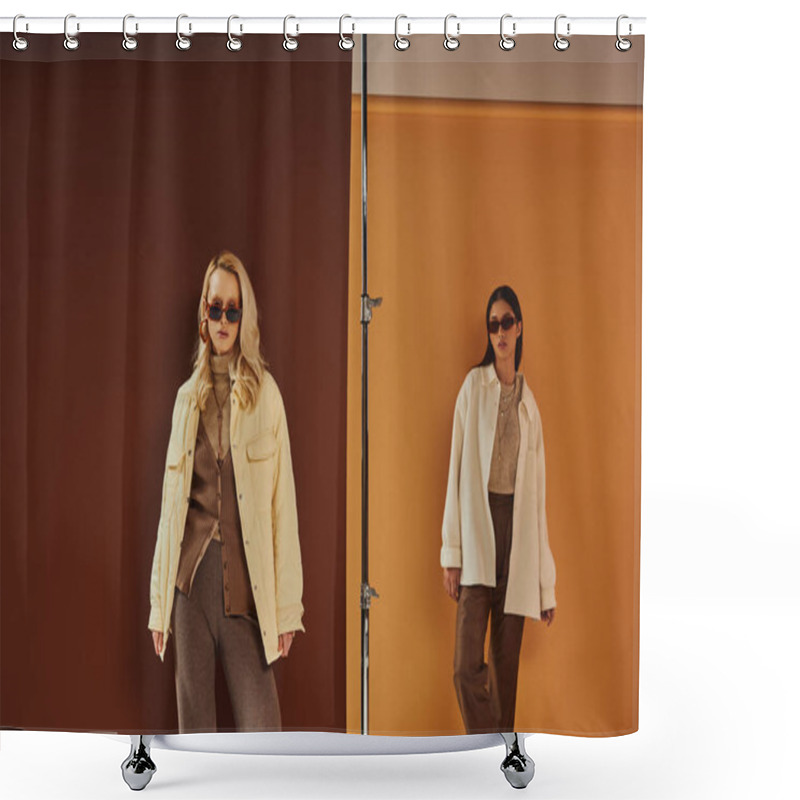 Personality  Fall Wardrobe, Stylish Multiethnic Women In Sunglasses And Outerwear Posing On Colorful Backdrop Shower Curtains