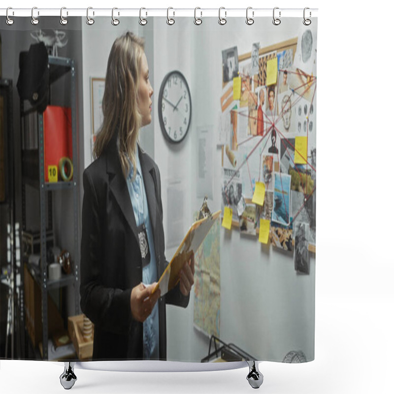 Personality  Caucasian Female Detective With Blonde Hair Reviews A Case Inside A Police Station's Investigation Room. Shower Curtains