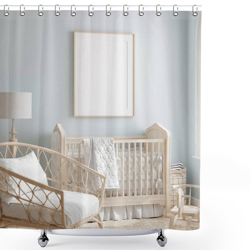 Personality  Mock Up Frame In Boy Nursery With Natural Wooden Furniture, 3D Render Shower Curtains