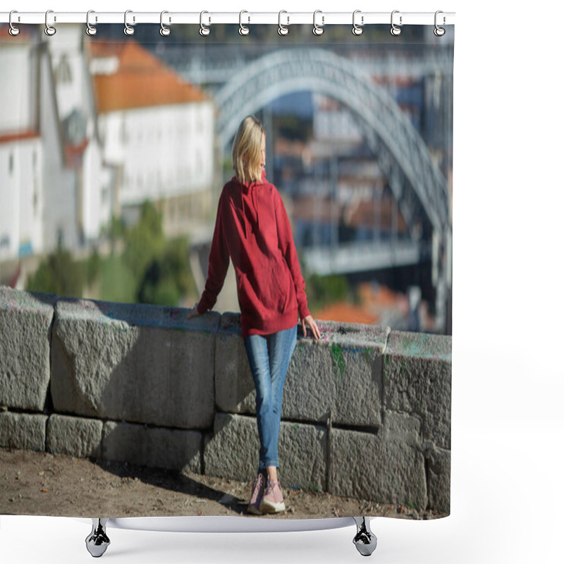 Personality  A Woman In A Hoodie In Old Town Porto, Portugal. Shower Curtains