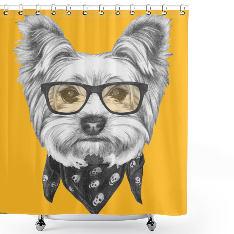 Personality  Yorkshire Terrier Dog With Glasses And Scarf Shower Curtains