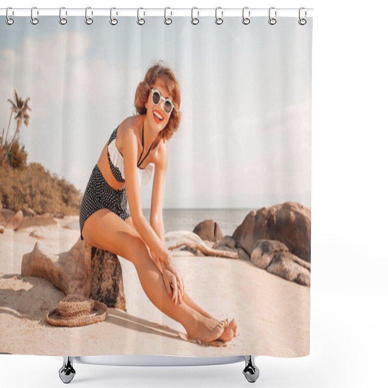 Personality  Attractive Young Woman In Bikini On The Beach Shower Curtains