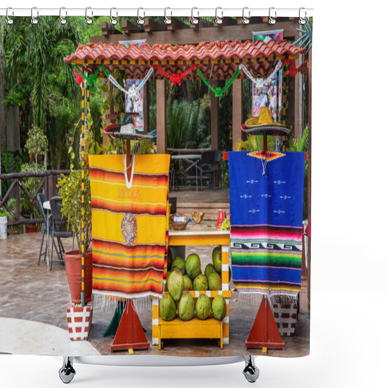 Personality  Playa Del Carmen, Mexico; April 4, 2023: A Mexican Coconut Store In Mexico, This Is One Of The Popular Street Food Stands In America, Symbolizing Mexico With Its Hats And Other Utensils. Shower Curtains