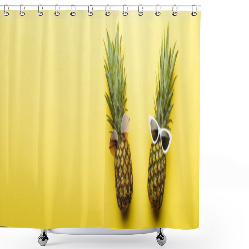 Personality  Top View Of Ripe Pineapples In Sunglasses On Yellow Background, Panoramic Shot Shower Curtains