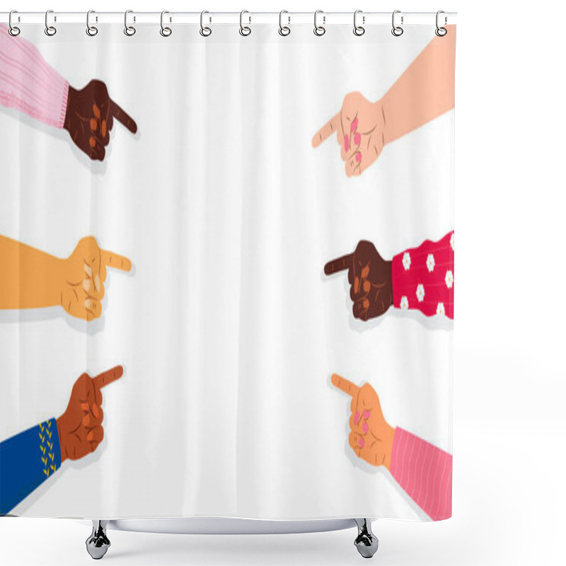 Personality  Index Fingers Are Pointing On Empty Space. Attention, Announce Banner Template For Web, App In Cartoon Style. Hans, Wrists Of People Of Diverse Races Are Shown On The White Background. Shower Curtains