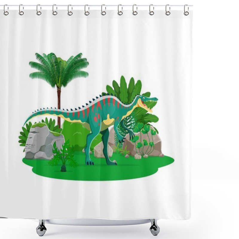 Personality  Extinct Suchomimus Dinosaur Cartoon Character. Extinct Reptile, Prehistoric Animal Or Paleontology Lizard Comical Isolated Vector Character. Jurassic Era Dinosaur Cheerful Personage Or Happy Mascot Shower Curtains