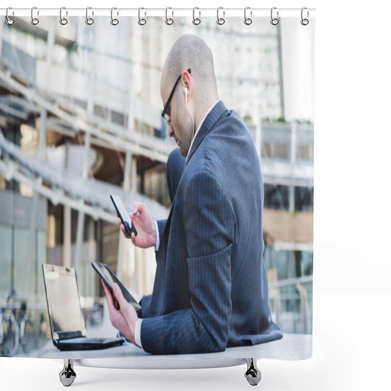 Personality  Successful Elegant Fashionable Businessman Using Tablet Shower Curtains