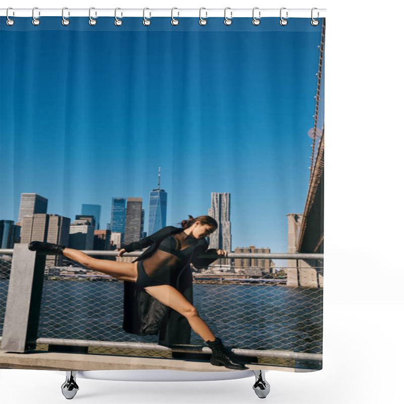 Personality  Woman In Black Bodysuit Splits On Railing With NYC Skyline. Shower Curtains