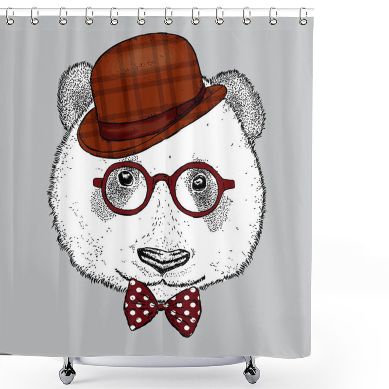 Personality  A Beautiful Panda With A Hat, Glasses And A Tie. Vector Illustration. Bear. Shower Curtains