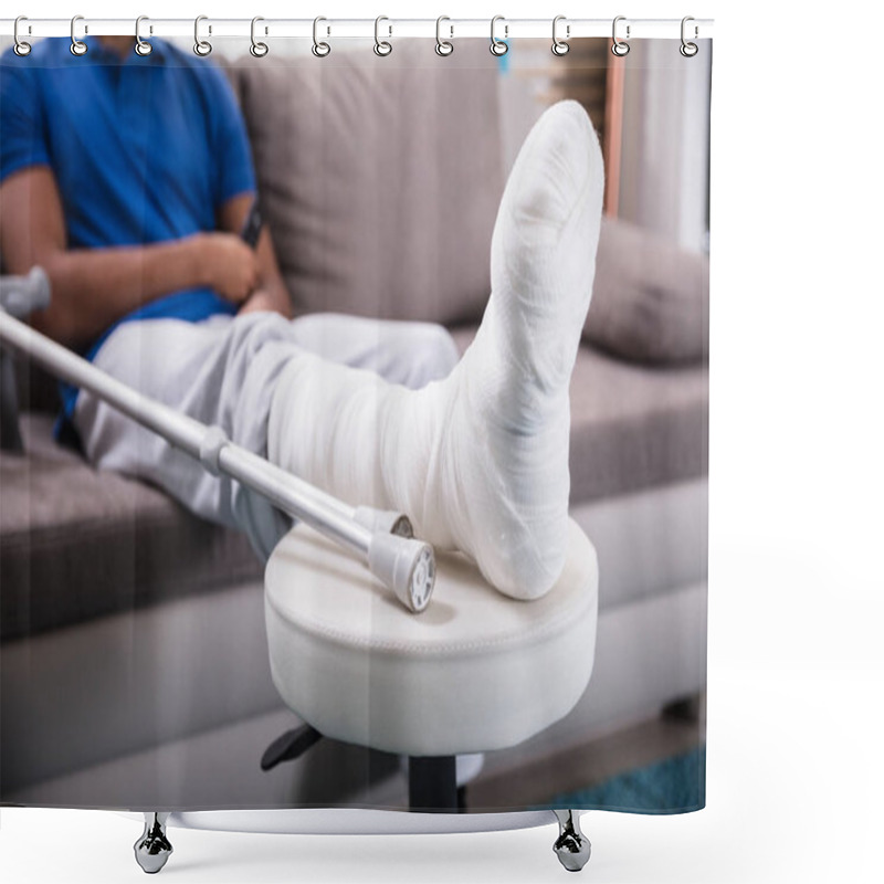 Personality  Close-up Of A Man's Broken Leg And Crutches Shower Curtains