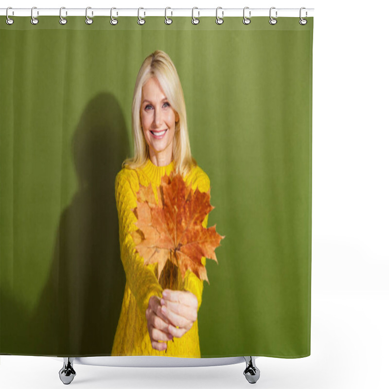 Personality  Photo Of Adorable Lovely Lady Wear Stylish Yellow Sweater Hold Dry Maple Leaves Isolated On Green Color Background. Shower Curtains