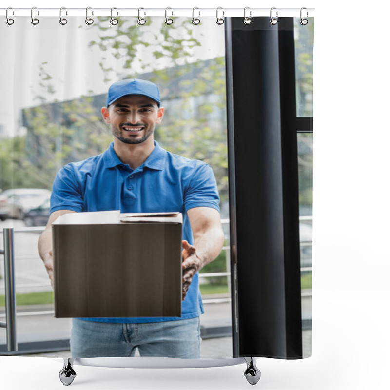 Personality  Smiling Muslim Courier Holding Carton Box Near Door  Shower Curtains