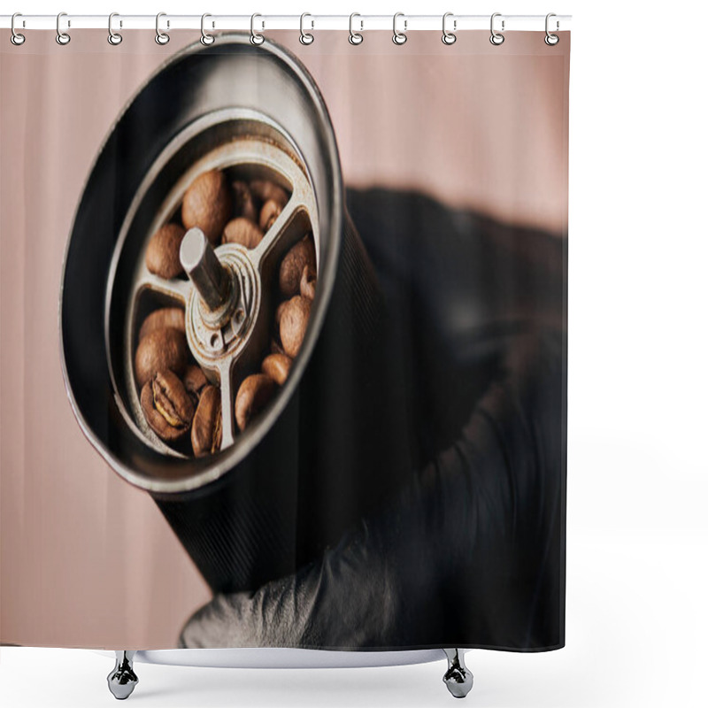 Personality  Close Up, Barista Holding Manual Coffee Grinder With Coffee Beans, Arabica, Drink, Blend, Energy  Shower Curtains