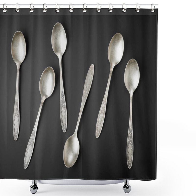 Personality  Old Silver Spoons On Black Background Shower Curtains