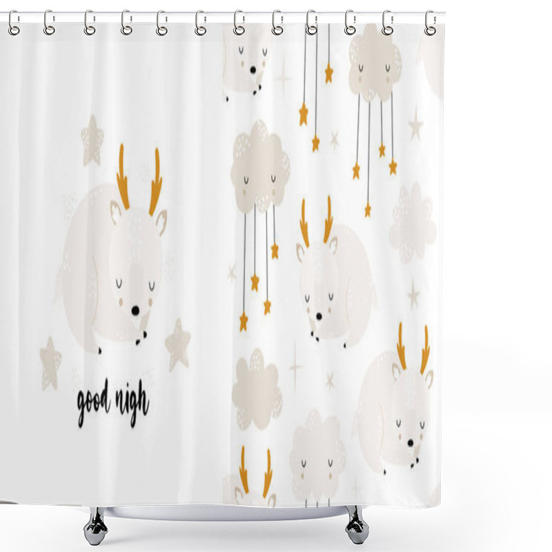 Personality  Seamless Childrens Hand-drawn Pattern With Cute Sleeping Deers, Clouds And Stars. Creative Trendy Kids Texture For Fabric, Wrapping, Textile, Wallpaper, Apparel. Vector Illustration. Good Night. Shower Curtains