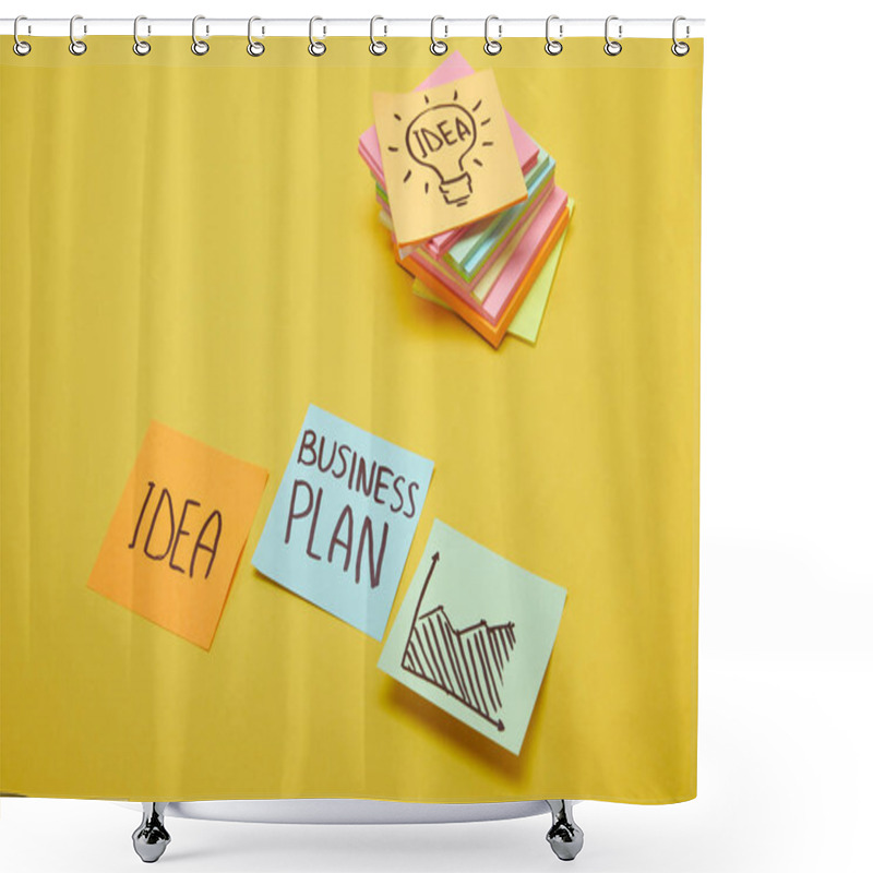 Personality  Paper Stickers With Words Business Plan, Idea And Chart Sign On Yellow Surface Shower Curtains