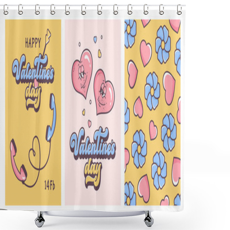 Personality  Set Of Valentine's Day Cards. LGBT Love Couples. Homosexual Love. Retro Valentine Posters In 60s 70s Cartoon Style. Groovy Cute Hearts, Phone Calls, Flowers And Hearts Pattern. Vector Illustration Shower Curtains